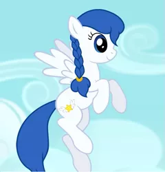 Size: 599x623 | Tagged: safe, artist:mellowhen, derpibooru import, oc, oc:moonlight, unofficial characters only, pegasus, pony, braid, cloud, colored, cute, cutie mark, female, flying, living in equestria, mare, smiling, solo, spread wings