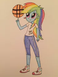 Size: 1024x1365 | Tagged: safe, artist:infernapelover, derpibooru import, rainbow dash, equestria girls, basketball, clothes, cute, pants, shoes, sneakers, solo, sporty style, traditional art
