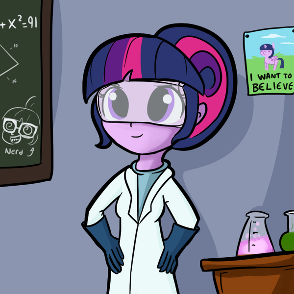 Size: 1080x1080 | Tagged: safe, artist:tjpones, derpibooru import, sci-twi, twilight sparkle, equestria girls, chalkboard, clothes, cute, erlenmeyer flask, flask, florence flask, goggles, i want to believe, lab coat, nerd, poster, safety goggles, solo, the x files