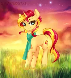 Size: 2300x2500 | Tagged: safe, artist:sugarberry, derpibooru import, sunset shimmer, pony, unicorn, clothes, cloud, cloudy, color porn, colored, commission, detailed, grass, lidded eyes, looking at you, raised hoof, scarf, scenery, smiling, solo, stars, sunset, twilight (astronomy)