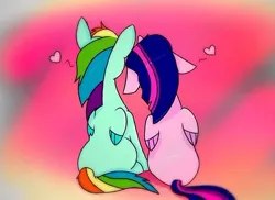 Size: 400x291 | Tagged: safe, artist:squirrelandnight123, derpibooru import, rainbow dash, twilight sparkle, twilight sparkle (alicorn), alicorn, pony, abstract background, female, floppy ears, heart, lesbian, shipping, twidash