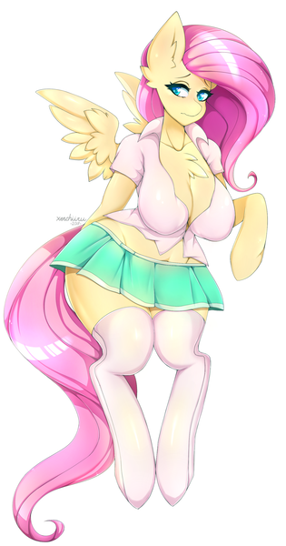 Size: 1024x1952 | Tagged: adorasexy, anthro, arm hooves, artist:xenchiiru, big breasts, bipedal, breasts, busty fluttershy, chest fluff, clothes, colored pupils, cute, derpibooru import, ear fluff, embarrassed, female, floating, fluttershy, front knot midriff, looking away, mascara, midriff, pleated skirt, raised hoof, sexy, signature, simple background, skirt, socks, solo, solo female, spread wings, suggestive, the ass was fat, thigh highs, unguligrade anthro, wavy mouth, white background, wide hips