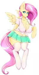 Size: 1024x1952 | Tagged: adorasexy, anthro, arm hooves, artist:xenchiiru, big breasts, bipedal, breasts, busty fluttershy, chest fluff, clothes, colored pupils, cute, derpibooru import, ear fluff, embarrassed, female, floating, fluttershy, front knot midriff, looking away, mascara, midriff, pleated skirt, raised hoof, sexy, signature, simple background, skirt, socks, solo, solo female, spread wings, suggestive, the ass was fat, thigh highs, unguligrade anthro, wavy mouth, white background, wide hips