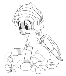 Size: 1280x1476 | Tagged: alternate hairstyle, artist:pabbley, bodypaint, braid, braided tail, derpibooru import, druid, flower, flutterdruid, fluttershy, grayscale, magic, missing cutie mark, monochrome, safe, simple background, sitting, solo, white background