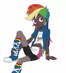 Size: 450x500 | Tagged: safe, artist:baekgup, color edit, derpibooru import, edit, editor:rmzero, rainbow dash, equestria girls, belly button, bike shorts, boots, clothes, colored, colored sketch, compression shorts, cute, dark skin, human coloration, midriff, pantyhose, shorts, simple background, skirt, skirt lift, socks, solo, white background