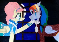 Size: 2497x1779 | Tagged: artist:sonicfan1143, clothes, crossover, crying, derpibooru import, edmond dantes, fluttershy, mercedes, rainbow dantes, rainbow dash, safe, shycedes, the count of monte cristo, the count of monte rainbow, traditional art, window