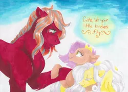 Size: 816x589 | Tagged: safe, artist:frozensoulpony, derpibooru import, big macintosh, fluttershy, oc, oc:gingersnap, earth pony, pony, crying, father and daughter, female, floppy ears, fluttermac, fluttermom, grey hair, hug, male, mare, mother and daughter, offspring, older, parent:big macintosh, parent:fluttershy, parents:fluttermac, shipping, straight, teary eyes, traditional art