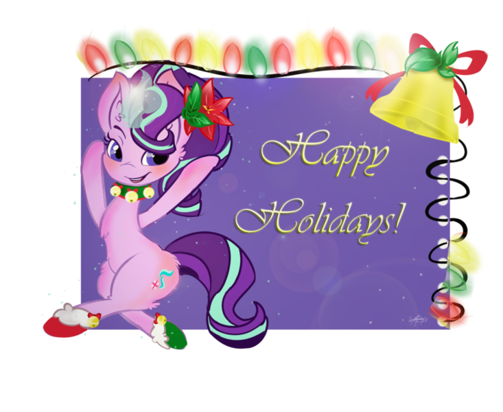 Size: 800x655 | Tagged: artist:tractaresolidum, bell, chest fluff, clothes, derpibooru import, ear fluff, flower, flower in hair, glowing horn, happy holidays, lens flare, open mouth, safe, smiling, socks, solo, starlight glimmer