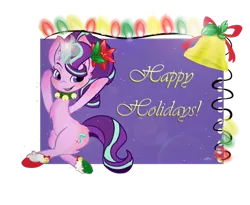 Size: 800x655 | Tagged: artist:tractaresolidum, bell, chest fluff, clothes, derpibooru import, ear fluff, flower, flower in hair, glowing horn, happy holidays, lens flare, open mouth, safe, smiling, socks, solo, starlight glimmer