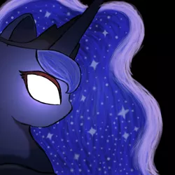 Size: 500x500 | Tagged: artist:onyxpenstroke, black background, bust, derpibooru import, detailed, empty eyes, glowing eyes, lens flare, no catchlights, no pupils, photoshop, portrait, princess luna, safe, side view, simple background, solo, white eyes