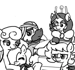 Size: 640x600 | Tagged: safe, artist:ficficponyfic, derpibooru import, oc, oc:emerald jewel, oc:joyride, oc:ruby rouge, unofficial characters only, earth pony, pony, unicorn, zebra, colt quest, bandage, blanket, bowtie, child, colt, cute, ear piercing, eyes closed, eyeshadow, female, filly, foal, hair over one eye, happy, hug, makeup, male, mantle, mare, monochrome, piercing, smiling, stallion, story included