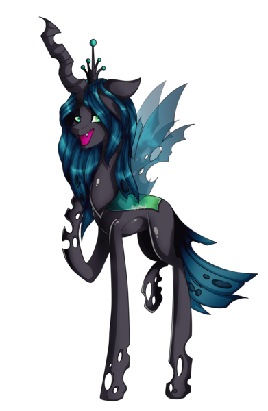 Size: 1553x2383 | Tagged: artist:xxmissteaxx, changeling, changeling queen, colored pupils, derpibooru import, female, looking at you, open mouth, queen chrysalis, raised hoof, safe, simple background, smiling, solo, transparent background