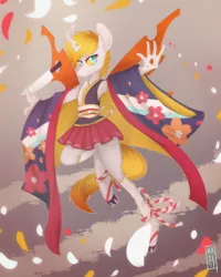 Size: 1280x1600 | Tagged: action pose, anime, anthro, anthro oc, armpits, artist:lonerdemiurge_nail, beautiful, broken tooth, changeling, changeling oc, clothes, derpibooru import, flower petals, gradient mane, kimono (clothing), kneesocks, knife, oc, oc:vespoidea mayren, pleated skirt, pose, safe, skirt, socks, solo, unguligrade anthro, unofficial characters only, weapon, white changeling, yukata