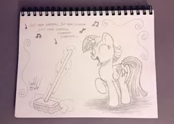 Size: 1100x783 | Tagged: safe, artist:fuzon-s, derpibooru import, twilight sparkle, twilight sparkle (alicorn), alicorn, pony, the saddle row review, andy price style, broom, eyes closed, female, finding nemo, magic, mare, monochrome, music notes, open mouth, pencil drawing, raised hoof, reference, singing, sketch, solo, style emulation, sweeping, sweepsweepsweep, telekinesis, traditional art, twilight sweeple