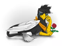 Size: 2716x2007 | Tagged: safe, artist:alexispaint, derpibooru import, oc, oc:angelio pennelo, unofficial characters only, gryphon, bandana, clothes, crying, flower, rose, scarf, simple background, solo, white background
