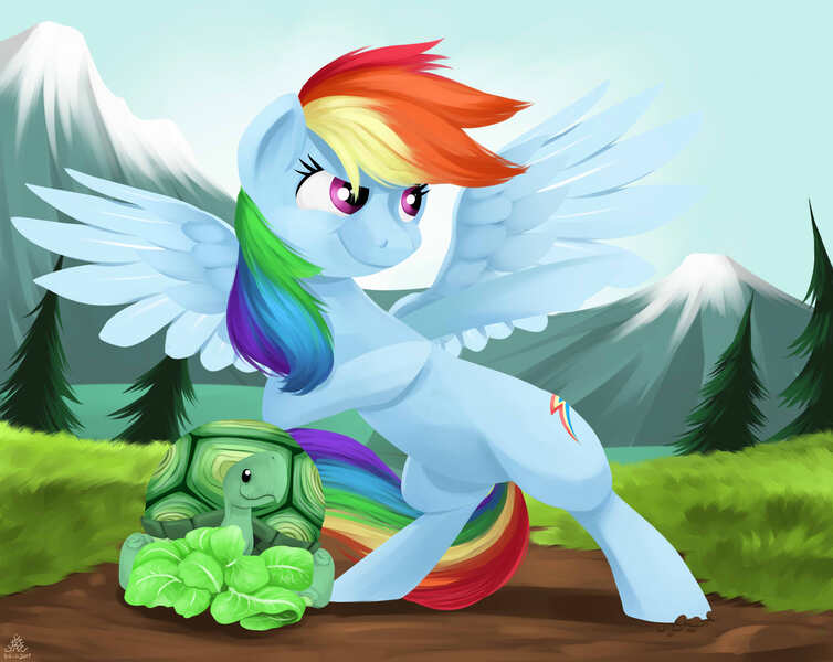 Size: 4900x3900 | Tagged: safe, artist:poecillia-gracilis19, derpibooru import, rainbow dash, tank, pegasus, pony, absurd resolution, bipedal, bipedal leaning, food, leaning, lettuce, pet, pose, usain bolt