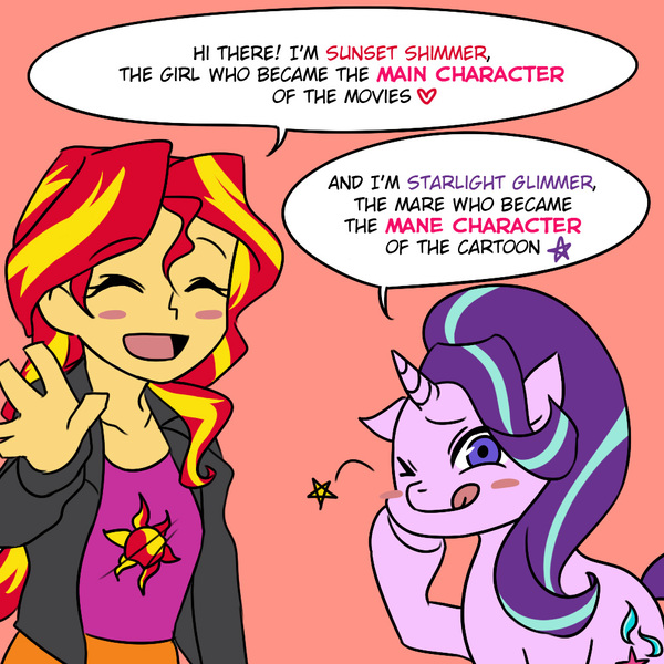 Size: 1000x1000 | Tagged: safe, artist:raika0306, derpibooru import, starlight glimmer, sunset shimmer, equestria girls, blush sticker, blushing, counterparts, dialogue, drama, eyes closed, heart, looking at you, one eye closed, open mouth, red background, simple background, smiling, starlight drama, sunset vs starlight debate, tongue out, twilight's counterparts, waving, wink