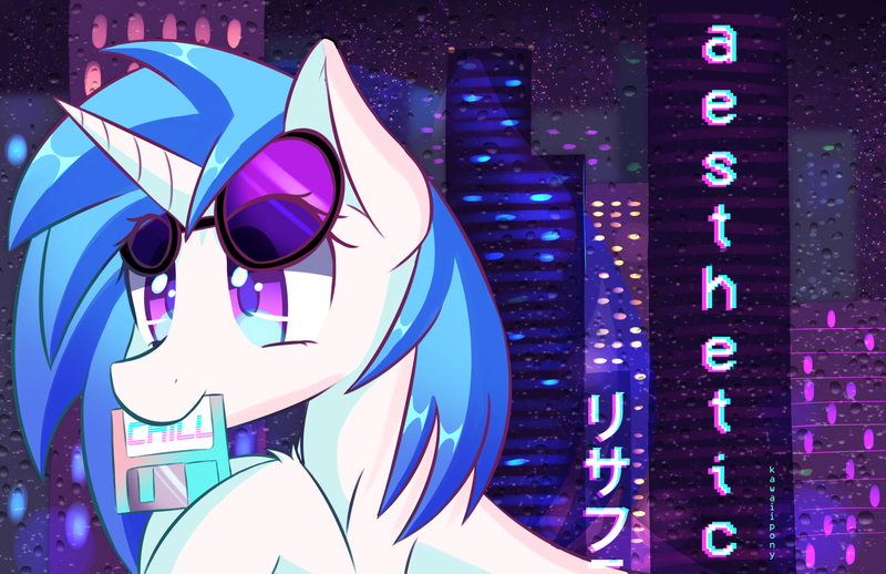 Size: 1488x963 | Tagged: safe, artist:kawaiipony2, derpibooru import, vinyl scratch, pony, floppy disk, mouth hold, solo, vaporwave