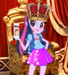 Size: 491x541 | Tagged: safe, artist:mrdeloop, derpibooru import, fluttershy, twilight sparkle, equestria girls, alternate universe, crown, day of the flutter, eqg promo pose set, equestria girls: the parody series, fashion disaster, iphone, jewelry, lipstick, makeup, queen, regalia, sunglasses, throne, twoiloight spahkle