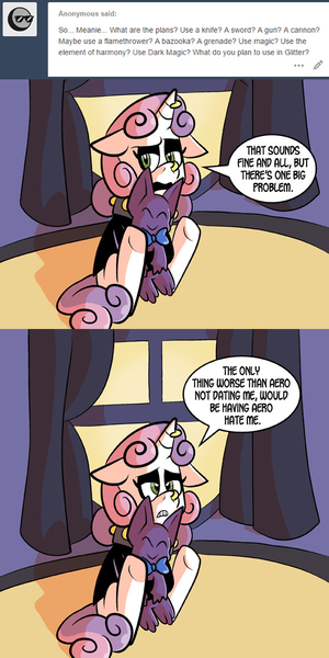 Size: 576x1152 | Tagged: safe, artist:pembroke, derpibooru import, sweetie belle, gengar, pony, unicorn, ask meanie belle, comic:when aero met glitter, ask, bowtie, canon x oc, clothes, comic, crush, goth, horn piercing, in love, jacket, leather jacket, meanie belle, nose piercing, nose ring, piercing, plushie, pokémon, sad, shipping, solo, speech bubble, tumblr