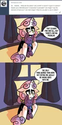 Size: 576x1152 | Tagged: safe, artist:pembroke, derpibooru import, sweetie belle, gengar, pony, unicorn, ask meanie belle, comic:when aero met glitter, ask, bowtie, canon x oc, clothes, comic, crush, goth, horn piercing, in love, jacket, leather jacket, meanie belle, nose piercing, nose ring, piercing, plushie, pokémon, sad, shipping, solo, speech bubble, tumblr