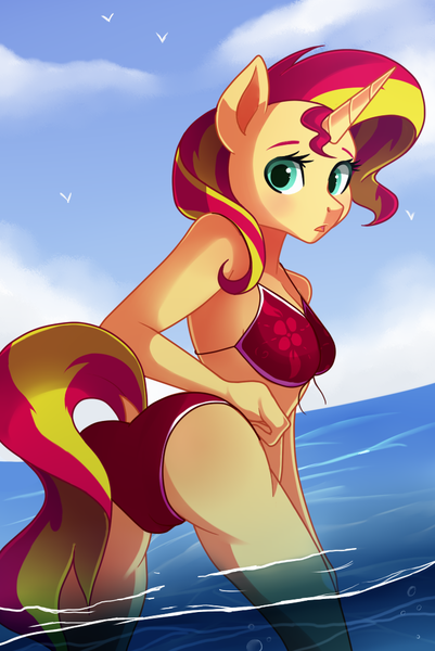 Size: 702x1050 | Tagged: anthro, artist:hikariviny, bicolor swimsuit, bikini, breasts, bunset shimmer, clothes, cloud, derpibooru import, dock, female, looking at you, looking back, open mouth, red swimsuit, sky, solo, solo female, suggestive, sunset shimmer, swimsuit, water