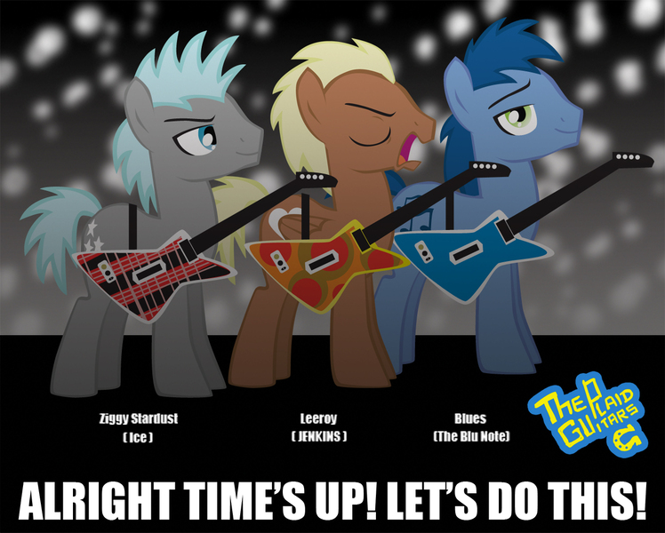 Size: 1240x994 | Tagged: safe, artist:trotsworth, derpibooru import, blues, meadow song, noteworthy, twilight sky, earth pony, pegasus, pony, background pony, band, explorer, guitar, leeroy jenkins, leeroy wingkins, male, stallion, ziggy stardust