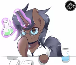 Size: 1400x1200 | Tagged: safe, artist:papibabidi, derpibooru import, oc, unofficial characters only, pony, unicorn, beaker, clothes, female, flask, glasses, lab coat, magic, mare, science, simple background, solo, white background