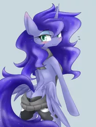 Size: 1200x1600 | Tagged: anthro, artist:azurepicker, ass, backless, blushing, both cutie marks, butt wings, clothes, colored pupils, derpibooru import, dock, female, looking at you, looking back, looking back at you, moonbutt, open-back sweater, princess luna, simple background, sleeveless sweater, solo, solo female, spread wings, suggestive, sweater, unguligrade anthro, virgin killer sweater