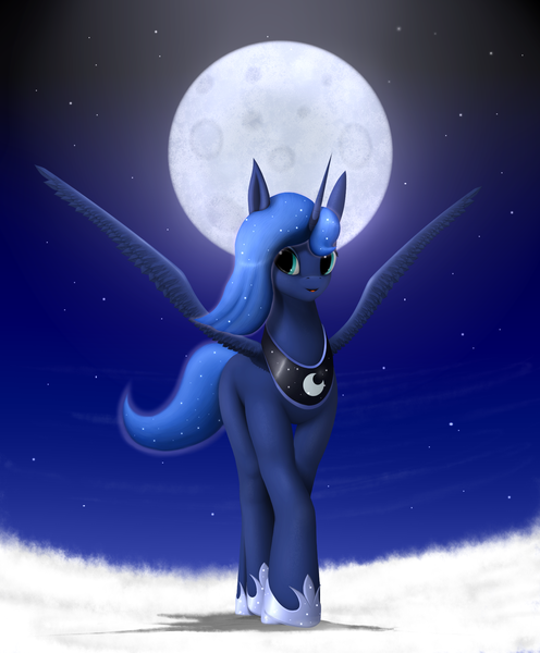 Size: 1653x2000 | Tagged: artist:drakonst, cloud, derpibooru import, moon, night, princess luna, safe, solo, spread wings, stars