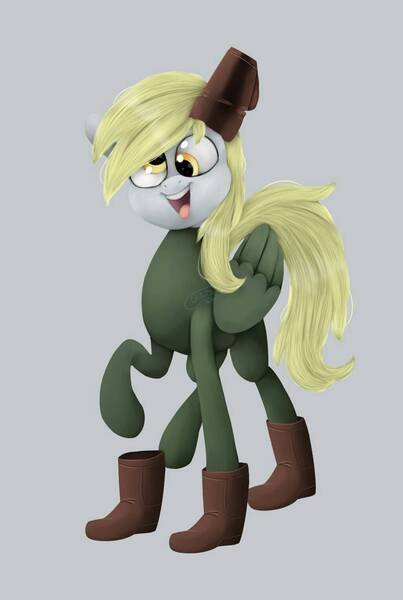 Size: 1024x1524 | Tagged: artist:chibadeer, bodysuit, boots, clothes, cosplay, costume, derpibooru import, derpy hooves, raised hoof, safe, smiling, solo