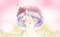 Size: 1133x706 | Tagged: safe, artist:arainiax, derpibooru import, oc, unofficial characters only, pegasus, pony, blushing, female, floral head wreath, flower, looking at you, mare, solo, spread wings