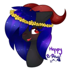 Size: 1752x1823 | Tagged: safe, artist:xxdarkmindxx, derpibooru import, oc, unofficial characters only, pony, bust, female, floral head wreath, flower, horns, mare, one eye closed, portrait, simple background, solo, transparent background