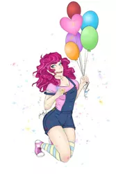 Size: 1024x1537 | Tagged: artist:gothangel0729, balloon, clothes, converse, derpibooru import, human, humanized, overalls, pinkie pie, safe, shoes, simple background, socks, solo, striped socks, white background