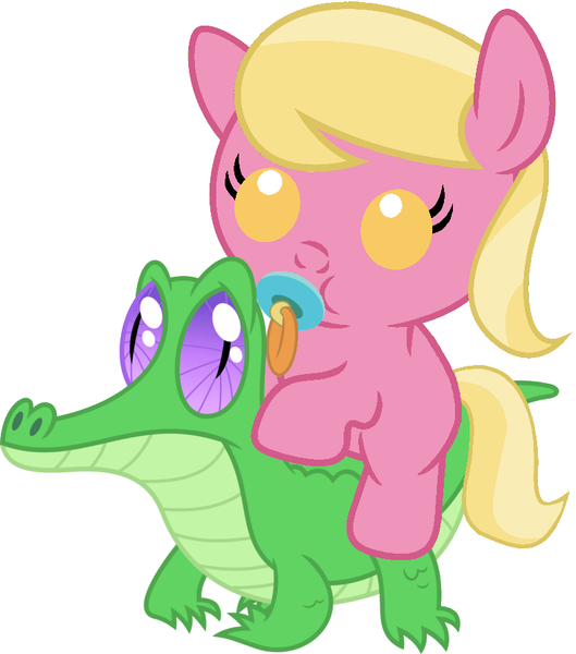 Size: 786x892 | Tagged: safe, artist:red4567, derpibooru import, gummy, lily, lily valley, pony, baby, baby pony, cute, lilybetes, pacifier, ponies riding gators, riding, weapons-grade cute