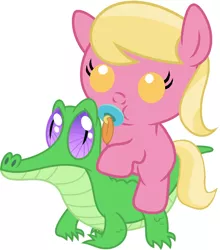 Size: 786x892 | Tagged: safe, artist:red4567, derpibooru import, gummy, lily, lily valley, pony, baby, baby pony, cute, lilybetes, pacifier, ponies riding gators, riding, weapons-grade cute