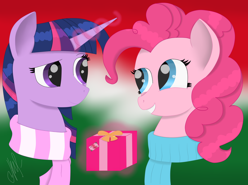 Size: 6059x4528 | Tagged: safe, artist:purplestar01, derpibooru import, pinkie pie, twilight sparkle, absurd resolution, bust, clothes, duo, gift giving, glowing horn, looking at each other, portrait, present, scarf