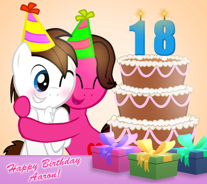 Size: 2540x2260 | Tagged: safe, artist:aarondrawsarts, derpibooru import, oc, oc:brain teaser, oc:rose bloom, unofficial characters only, pony, birthday, birthday cake, brainbloom, cake, chest fluff, cuddling, food, happy birthday, hug, male, oc x oc, shipping, snuggling, straight