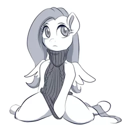 Size: 1280x1280 | Tagged: safe, artist:raikoh, derpibooru import, fluttershy, pegasus, pony, backless, clothes, digital art, female, kneeling, looking away, mare, monochrome, open-back sweater, simple background, sleeveless, sleeveless sweater, solo, sweater, sweatershy, turtleneck, virgin killer sweater