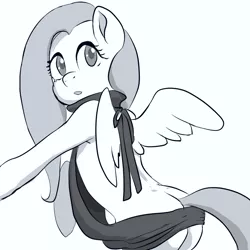 Size: 1280x1280 | Tagged: suggestive, artist:raikoh, derpibooru import, fluttershy, pony, backless, bipedal, clothes, female, flutterbutt, looking back, monochrome, open mouth, open-back sweater, simple background, sleeveless sweater, solo, solo female, sweater, sweatershy, virgin killer sweater