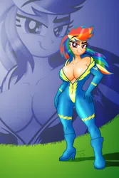 Size: 1200x1800 | Tagged: absolute cleavage, artist:aleximusprime, bedroom eyes, big breasts, bodysuit, breasts, busty rainbow dash, catsuit, cleavage, clothes, derpibooru import, edit, editor:vanchees, female, human, humanized, latex, latex suit, rainbow dash, skintight clothes, solo, solo female, suggestive, uniform, unzipped, wide hips, wonderbolts uniform, zoom layer