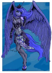 Size: 2515x3507 | Tagged: alicorn, anthro, artist:magarnadge, clothes, derpibooru import, fingerless gloves, gloves, leotard, nail polish, princess luna, safe, skirt, smiling, socks, solo, spread wings, thigh highs, unguligrade anthro