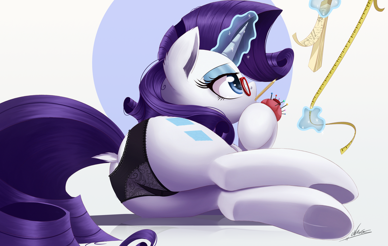 Size: 2500x1587 | Tagged: suggestive, artist:raps, derpibooru import, rarity, pony, unicorn, black underwear, clothed ponies, clothes, dock, dressmaking, eyeshadow, female, glasses, glowing horn, gusset, lace, lidded eyes, lingerie, looking up, magic, makeup, mare, measuring tape, mouth hold, panties, paper, pattern, pencil, pincushion, pins, plot, raised hoof, rarity's glasses, rearity, side, signature, simple background, solo, solo female, telekinesis, underhoof, underwear