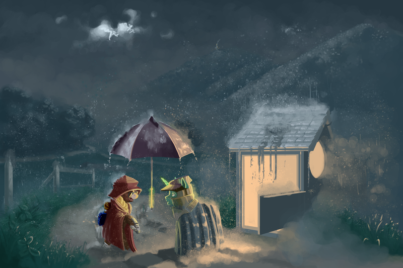 Size: 3000x2000 | Tagged: safe, artist:mongol, derpibooru import, oc, unofficial characters only, pony, unicorn, clothes, fence, hat, rain, robe, scenery, shed, umbrella