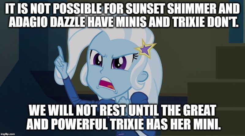 Size: 896x500 | Tagged: safe, derpibooru import, edit, edited screencap, screencap, trixie, equestria girls, rainbow rocks, doll, equestria girls minis, grammar error, image macro, meme, solo, toy, trixie yells at everything