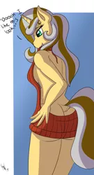 Size: 1733x3202 | Tagged: suggestive, artist:lunarnobis, derpibooru import, oc, oc:golden goal, unofficial characters only, anthro, unicorn, abs, back, backless, bare rump, breasts, clothes, dialogue, female, open-back sweater, sideboob, sleeveless sweater, solo, solo female, sweater, virgin killer sweater
