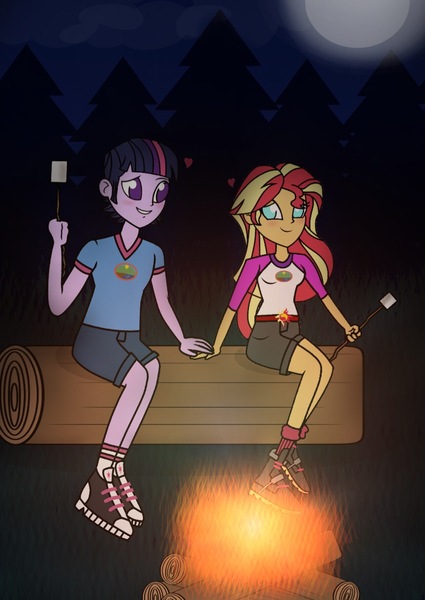 Size: 872x1232 | Tagged: dead source, safe, artist:drewmwhit, artist:trotsworth, derpibooru import, sunset shimmer, twilight sparkle, equestria girls, legend of everfree, alternate universe, camper, campfire, clothes, cute, dusk shine, duskabetes, duskshimmer, equestria guys, food, full moon, half r63 shipping, heart, holding hands, log, male, marshmallow, masterpiece, moon, night, prince dusk, rule 63, rule63betes, shimmerbetes, shipping, silhouette, smiling, stick, straight, sunsetsparkle, trash, tree