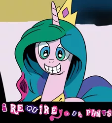 Size: 1024x1127 | Tagged: artist:andypriceart, clothes, derpibooru import, expand dong, exploitable meme, faic, idw, meme, pants, pinklestia, princess celestia, princess luna, rapeface, safe, seems legit, solo, spoiler:comic17