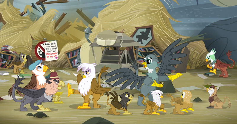 Size: 5108x2676 | Tagged: safe, artist:malte279, derpibooru import, gabby, gilda, gimme moore, grampa gruff, greta, gryphon, absurd resolution, chickub, fez, griffonstone, griffon trio, hat, newsboy hat