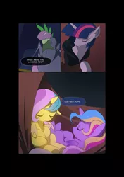 Size: 3541x5016 | Tagged: safe, artist:gashiboka, derpibooru import, princess gold lily, princess sterling, spike, twilight sparkle, twilight sparkle (alicorn), alicorn, dragon, pony, comic:recall the time of no return, absurd resolution, comic, cute, female, filly, foal, older, older spike